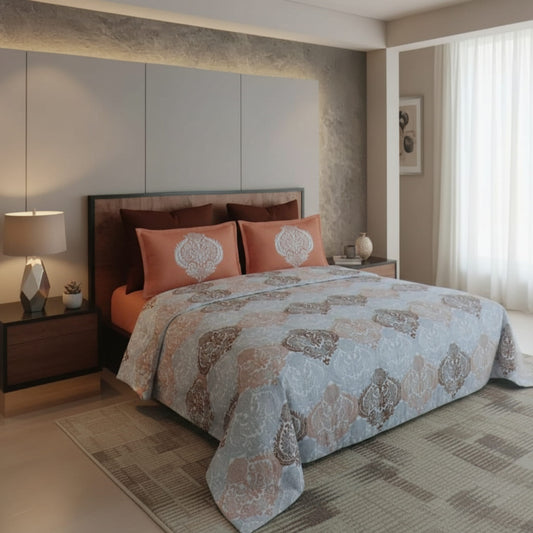 Grey Geometric  Cotton Single Bedsheet With Pillow Covers