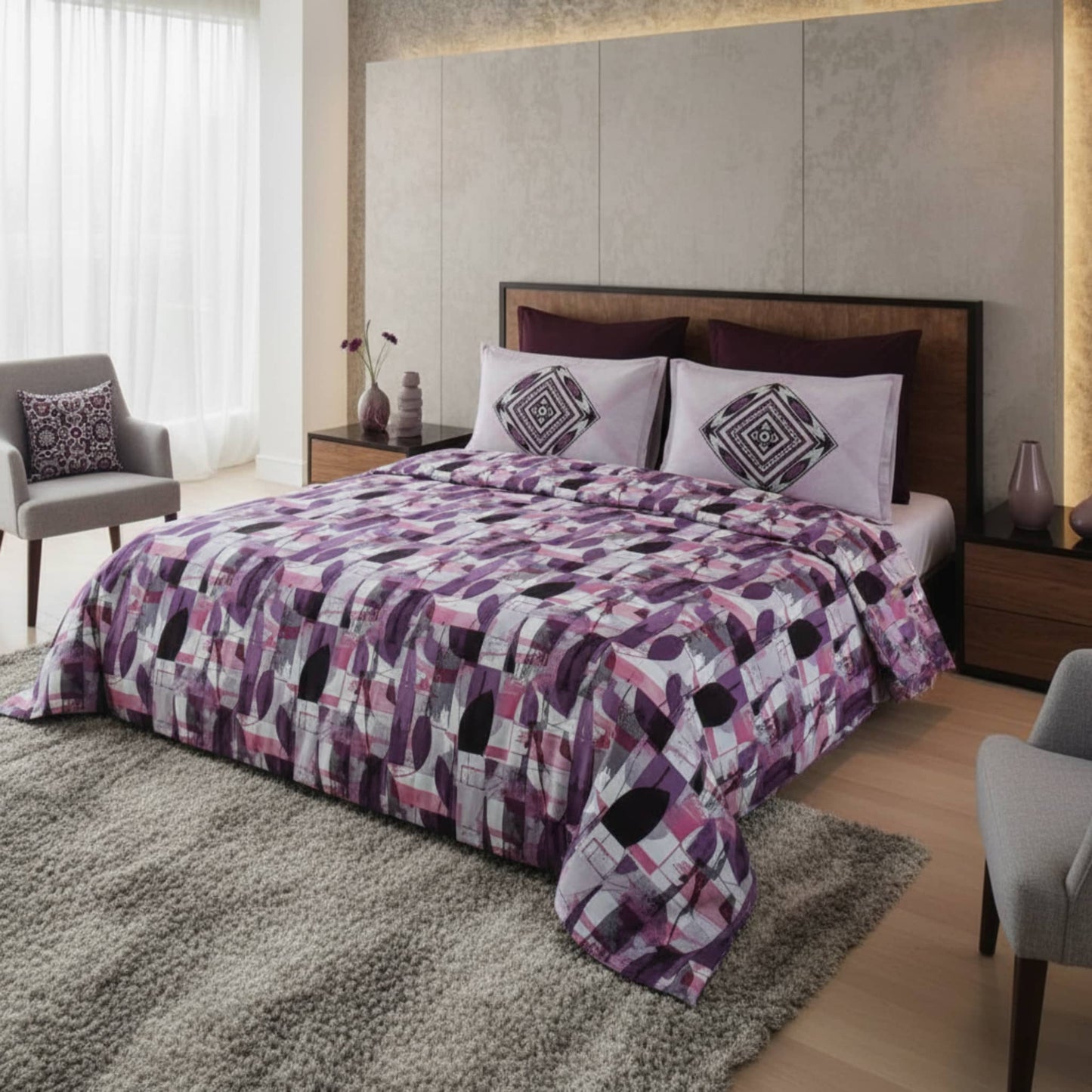 Purple Geometric Cotton Single Bedsheet With  Pillow Covers