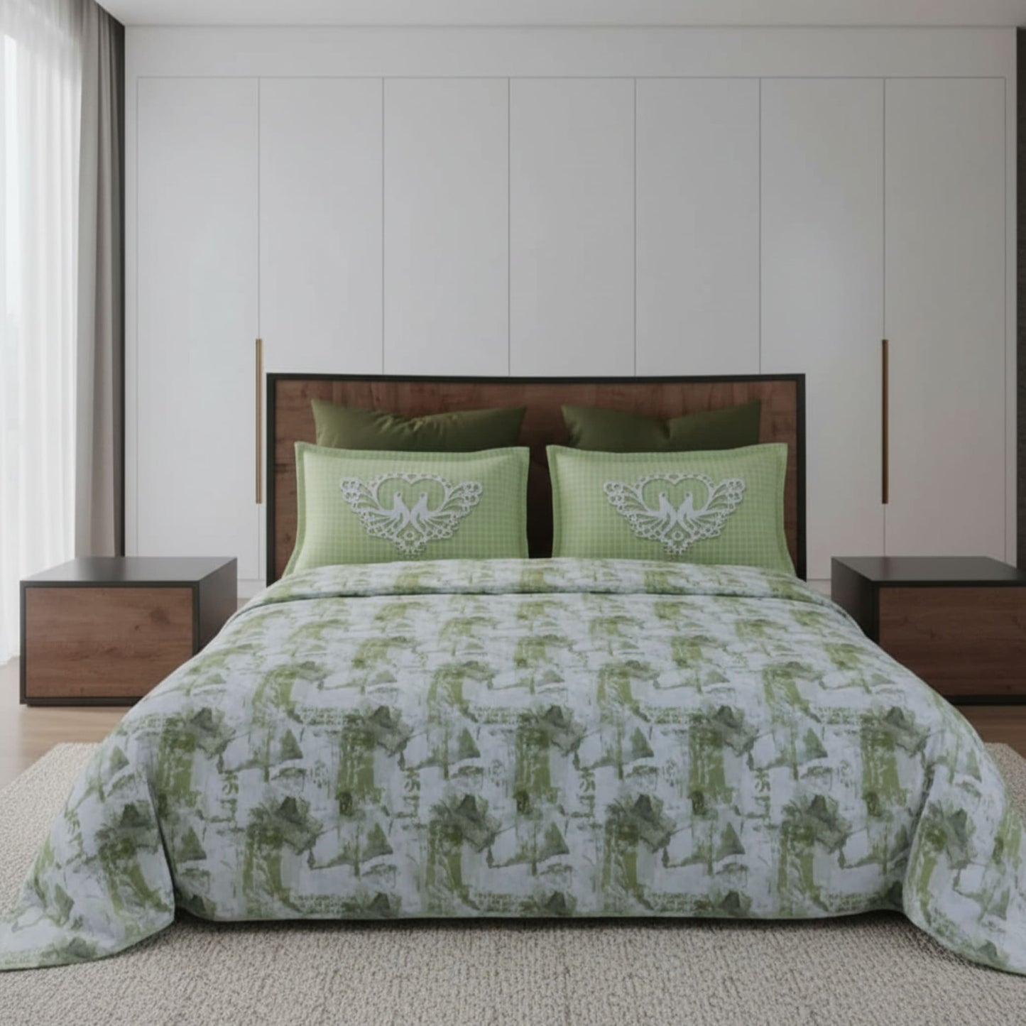 Green Geometric Cotton Single Bedsheet With Pillow Covers