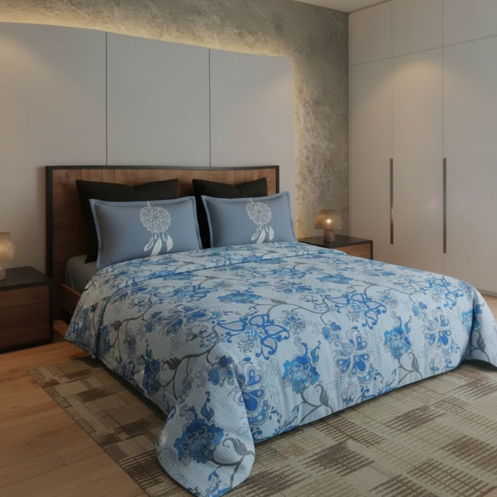 Blue Floral  Cotton Single Bedsheet With Pillow Covers