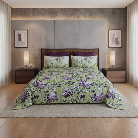 Green Floral Cotton Single Bedsheet With  Pillow Covers
