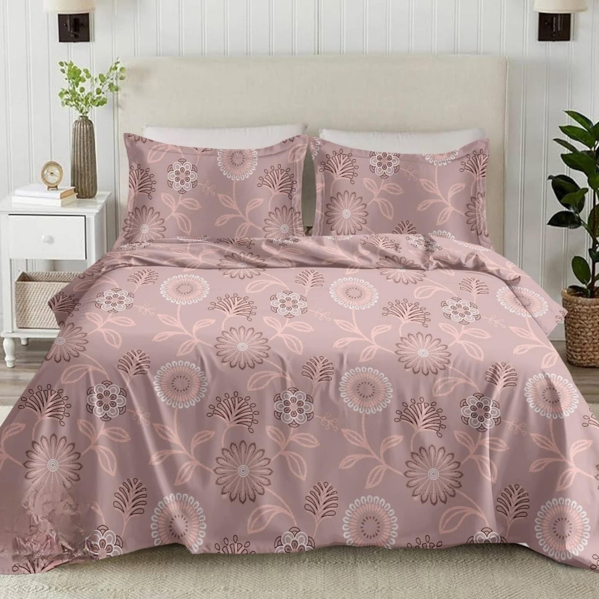 Pink Floral  210TC Cotton Double Bed King Size Bedsheet With Pillow Covers