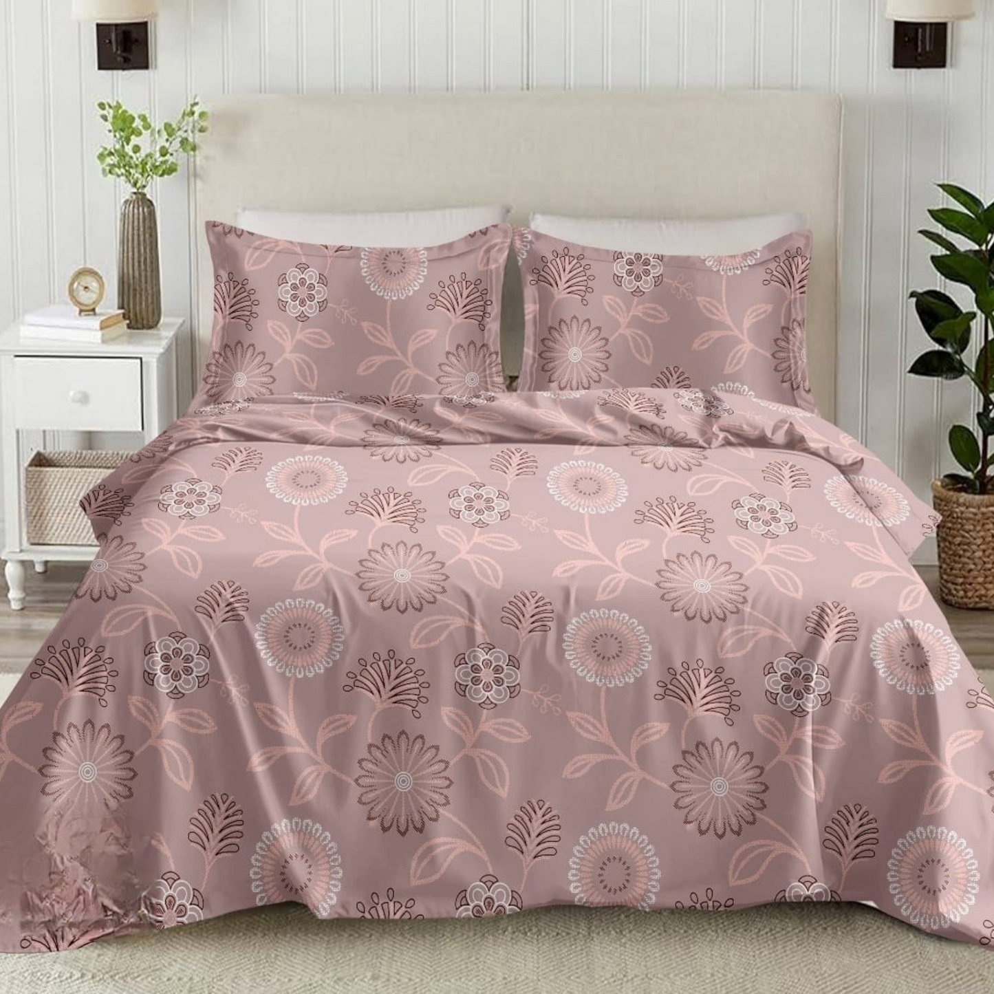 Pink Floral Pattern 210TC Cotton King Bedsheet With Two Pillow Covers