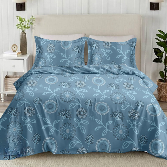 Blue Floral Pattern 210TC Cotton King Bedsheet With Two Pillow Covers
