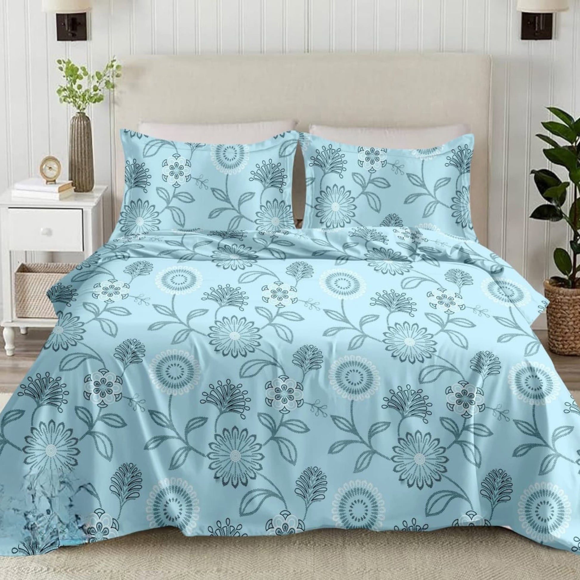 Blue Floral 210TC Cotton Double Bed King Size Bed sheet With Pillow Covers