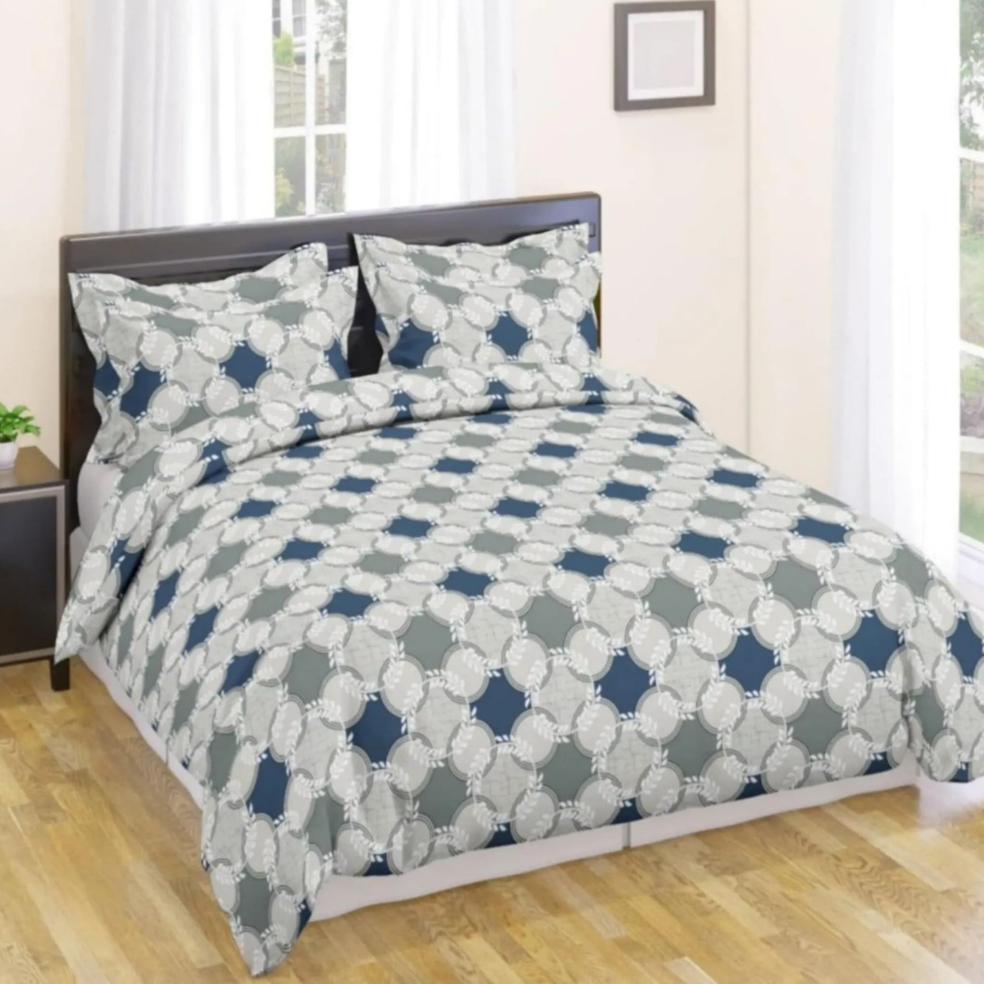 Grey Geometric 150TC Cotton Double Bedsheet With  Pillow Covers