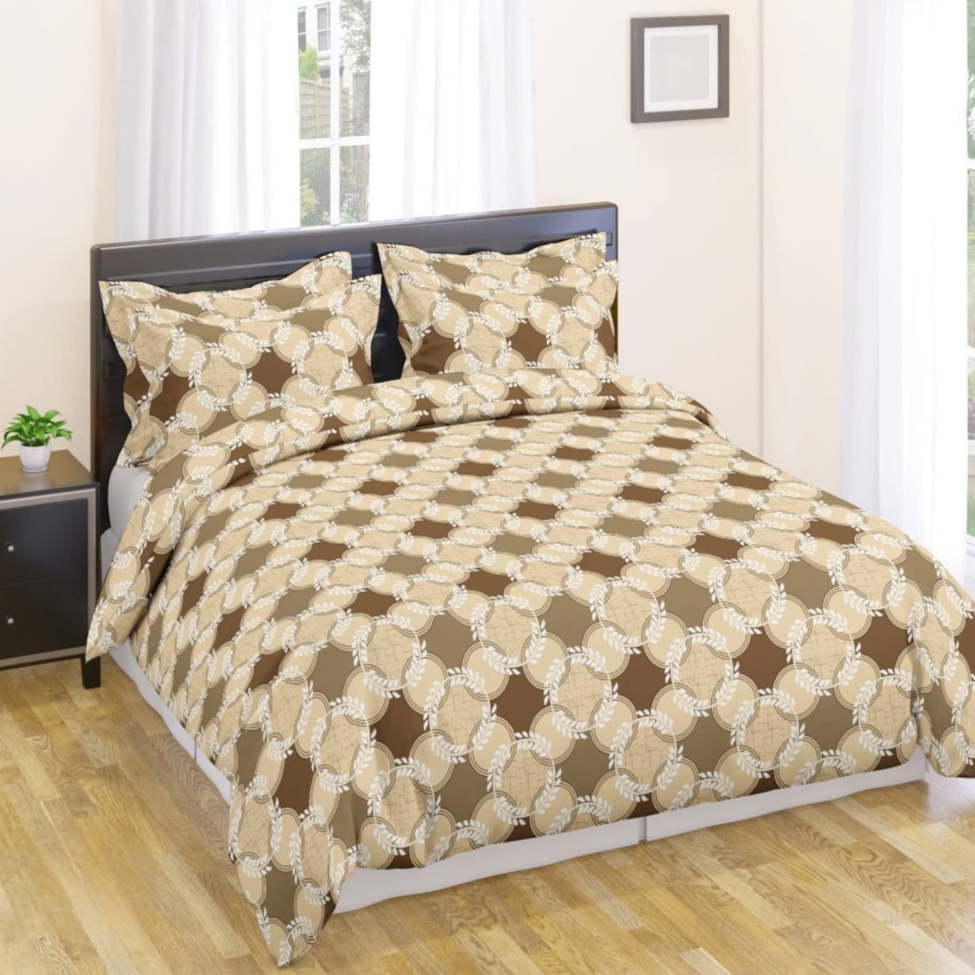 Olive Beige  Geometric  150TC Cotton Double Bedsheet With Pillow Covers