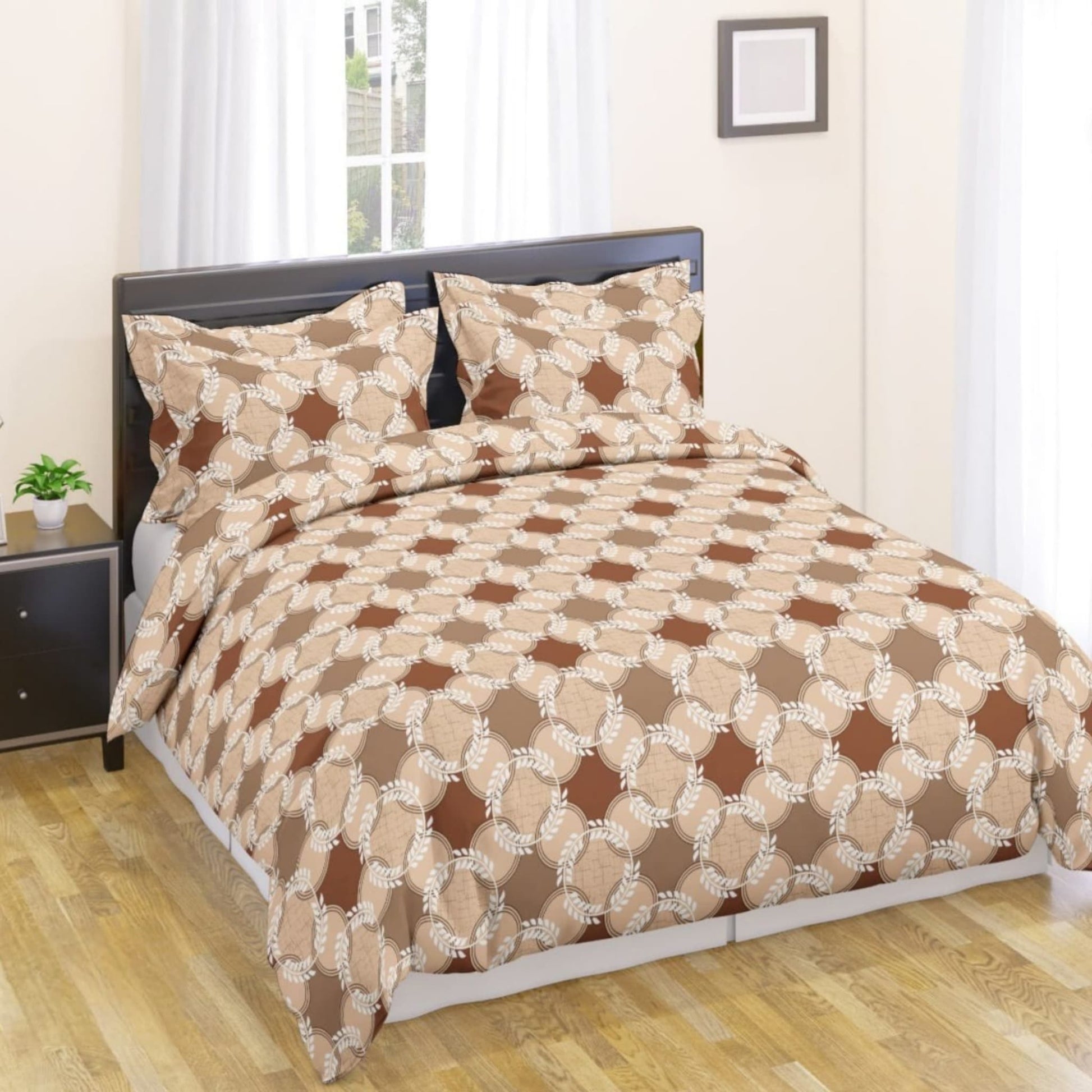 Brown Beige Geometric 150TC Cotton Double Bedsheet With Pillow Covers