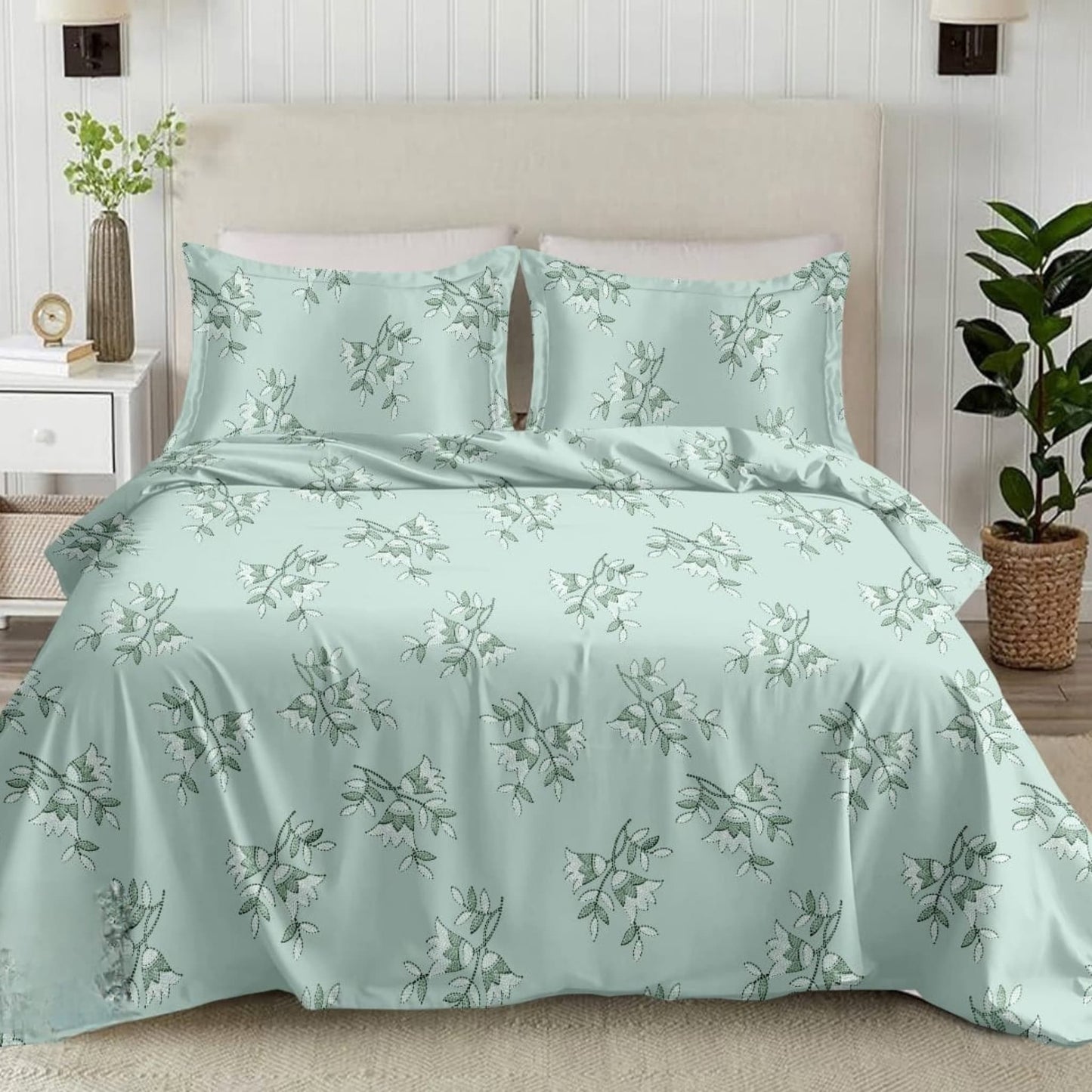 Green Floral  210TC Cotton Double Bed King Size Bed sheet With Pillow Covers