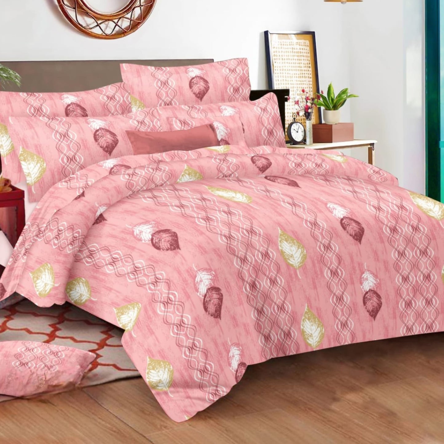 Pink Geometric  150TC Cotton Double Bedsheet With  Pillow Covers