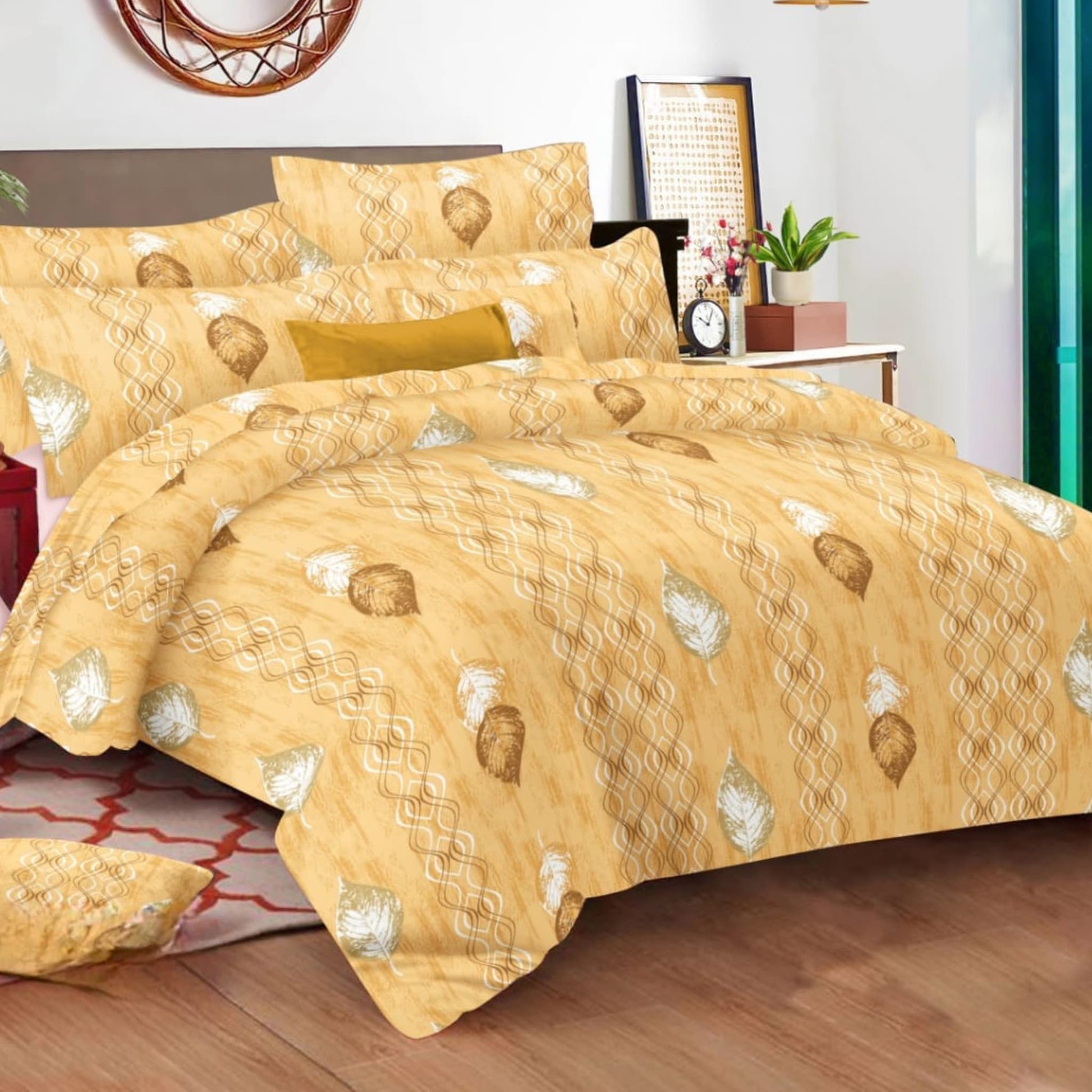 Yellow Geometric 150TC Cotton Double Bedsheet With  Pillow Covers
