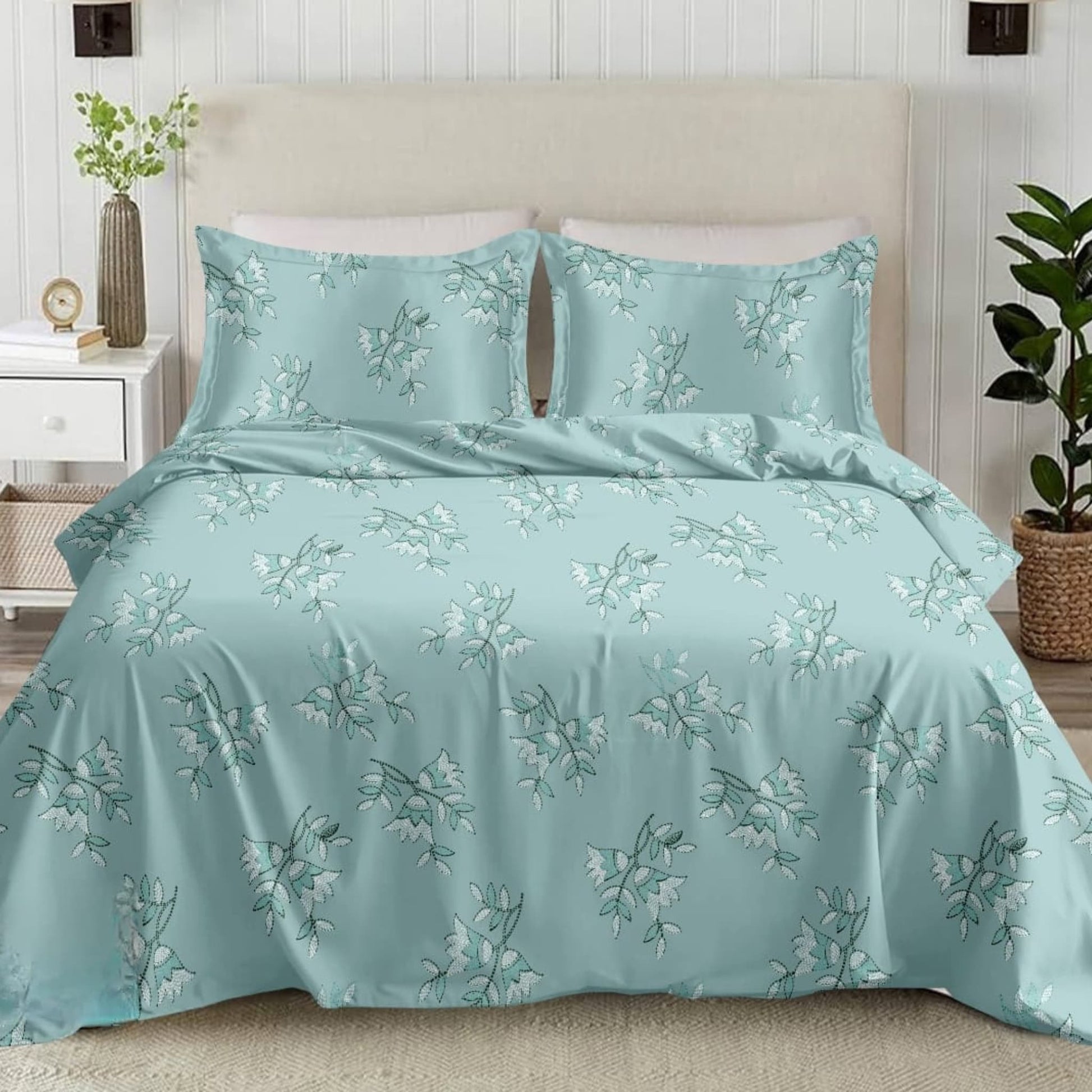 Light Blue Floral 210TC Cotton Double Bed King Size Bed sheet With  Pillow Covers
