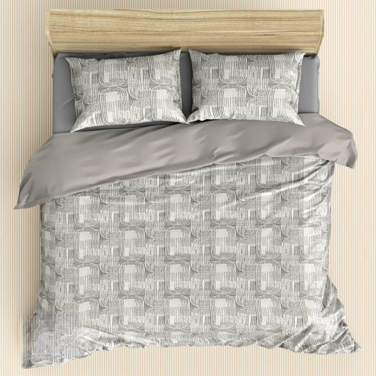 Grey Geometric 180TC Cotton Super King Size Bed Sheets With Two Pillow Covers