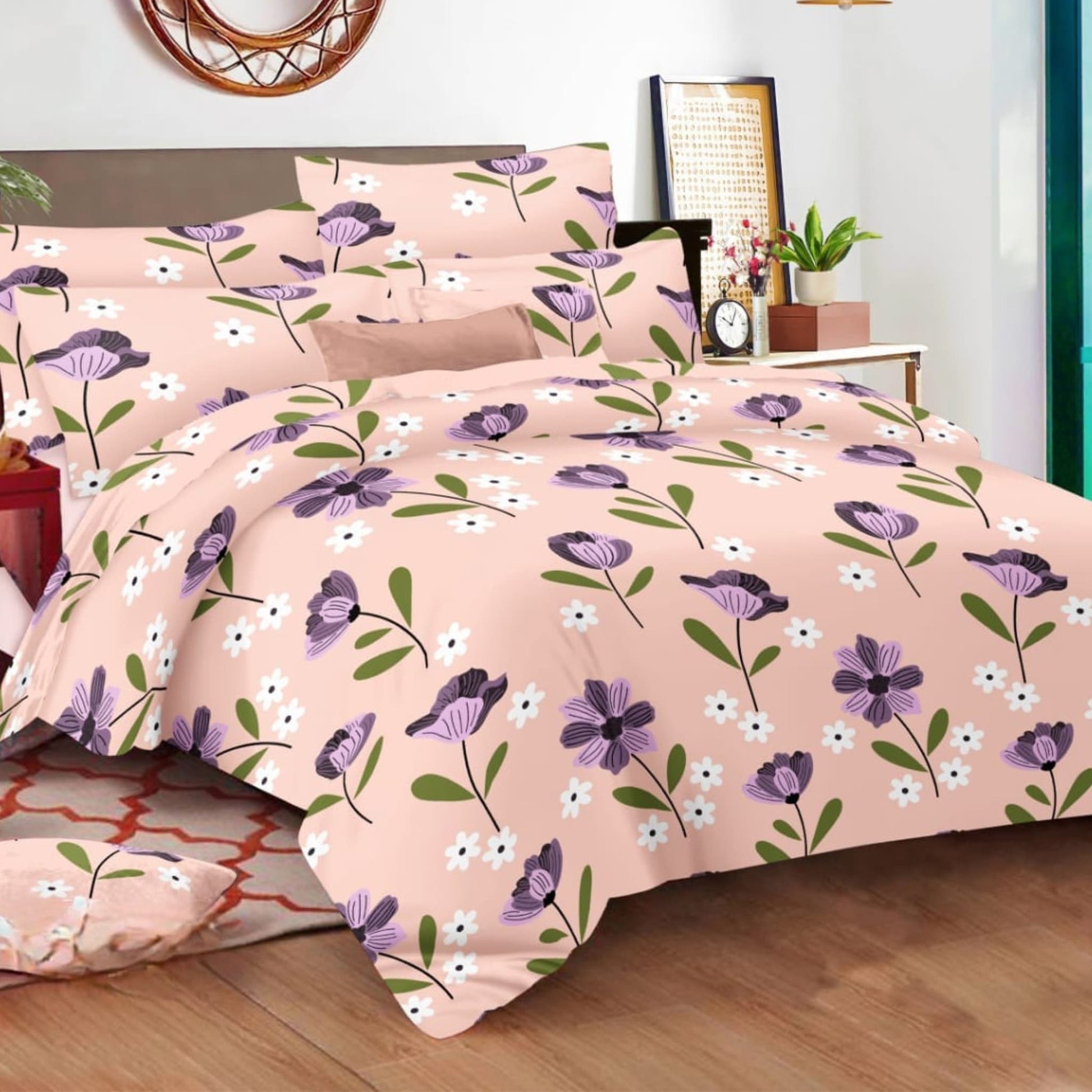 Pink Floral  150TC Cotton Double Bedsheet With  Pillow Covers