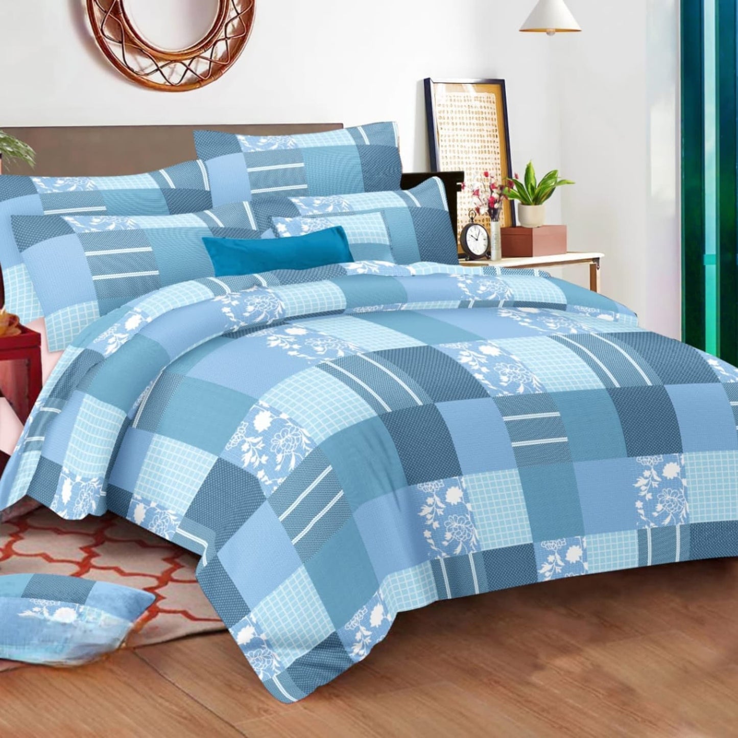 Blue Geometric  150TC Cotton Double Bedsheet With Pillow Covers
