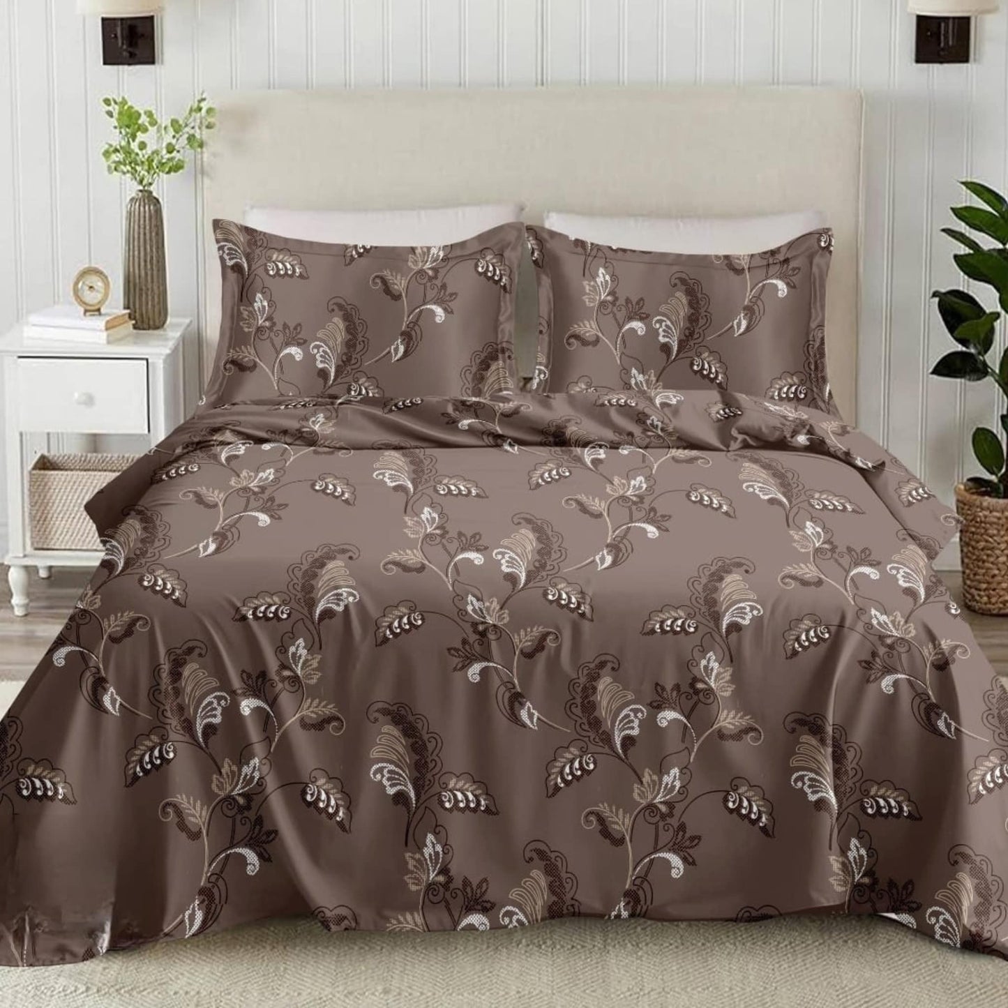 Coffee Floral  210TC Cotton Double Bed King Size Bed sheet With Pillow covers