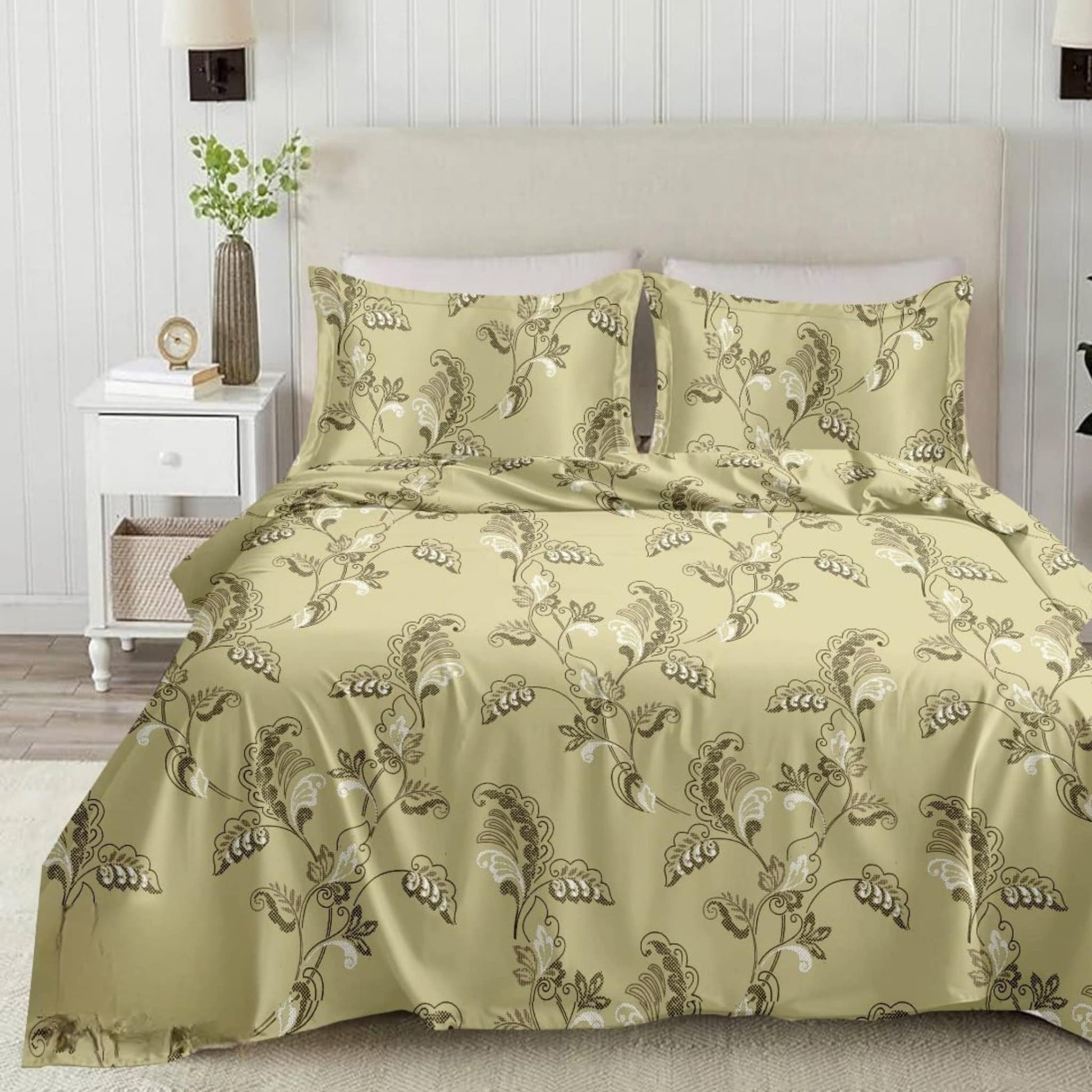 Green Leafy  210TC Cotton Double Bed King Size Bed sheet With Pillow Covers