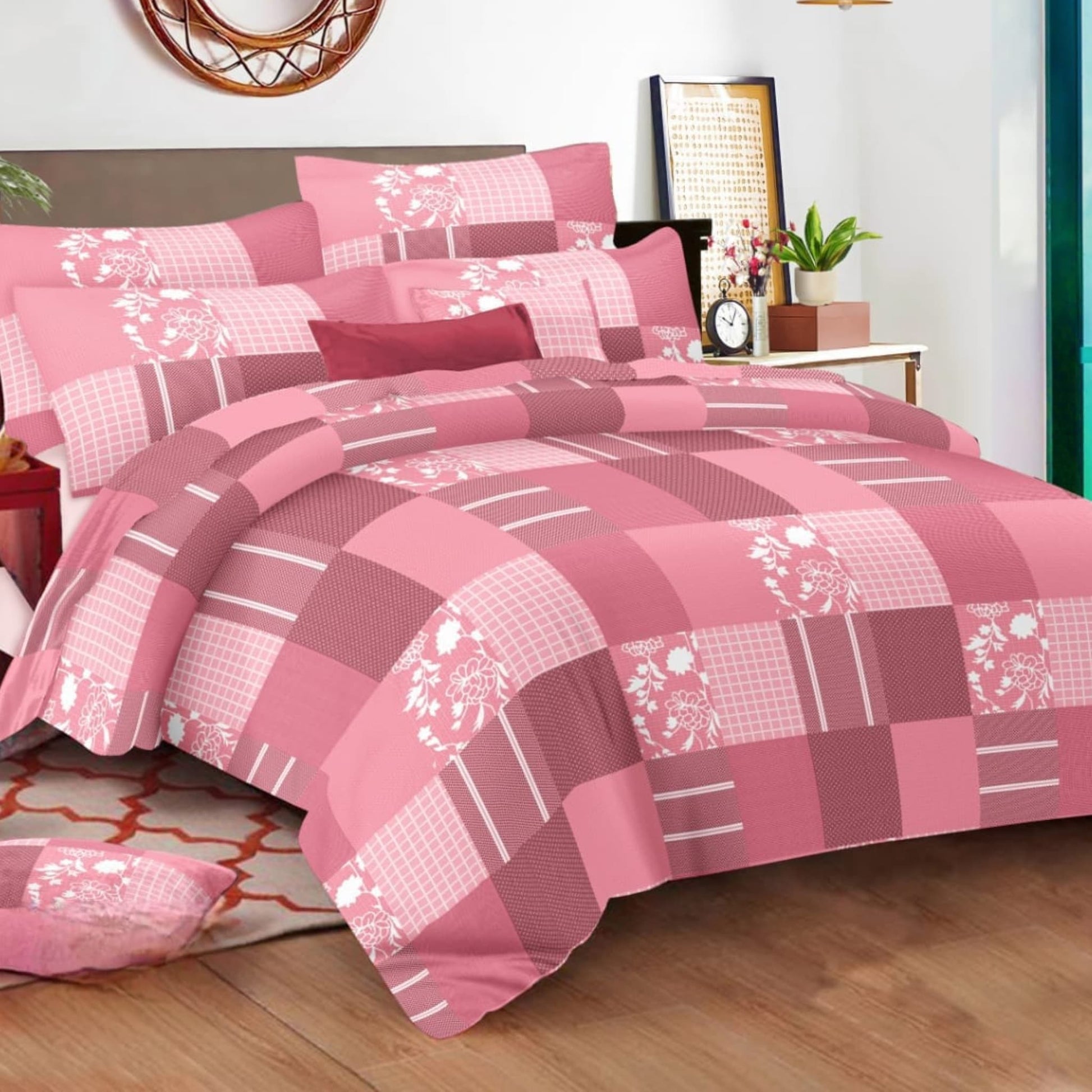 Pink Checks 50TC Cotton Double Bedsheet With Pillow Covers