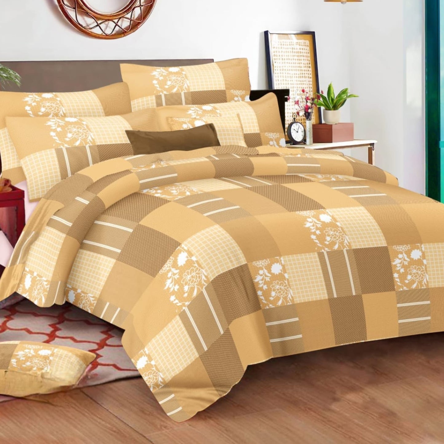 Yellow Checks 150TC Cotton Double Bedsheet With Pillow Covers