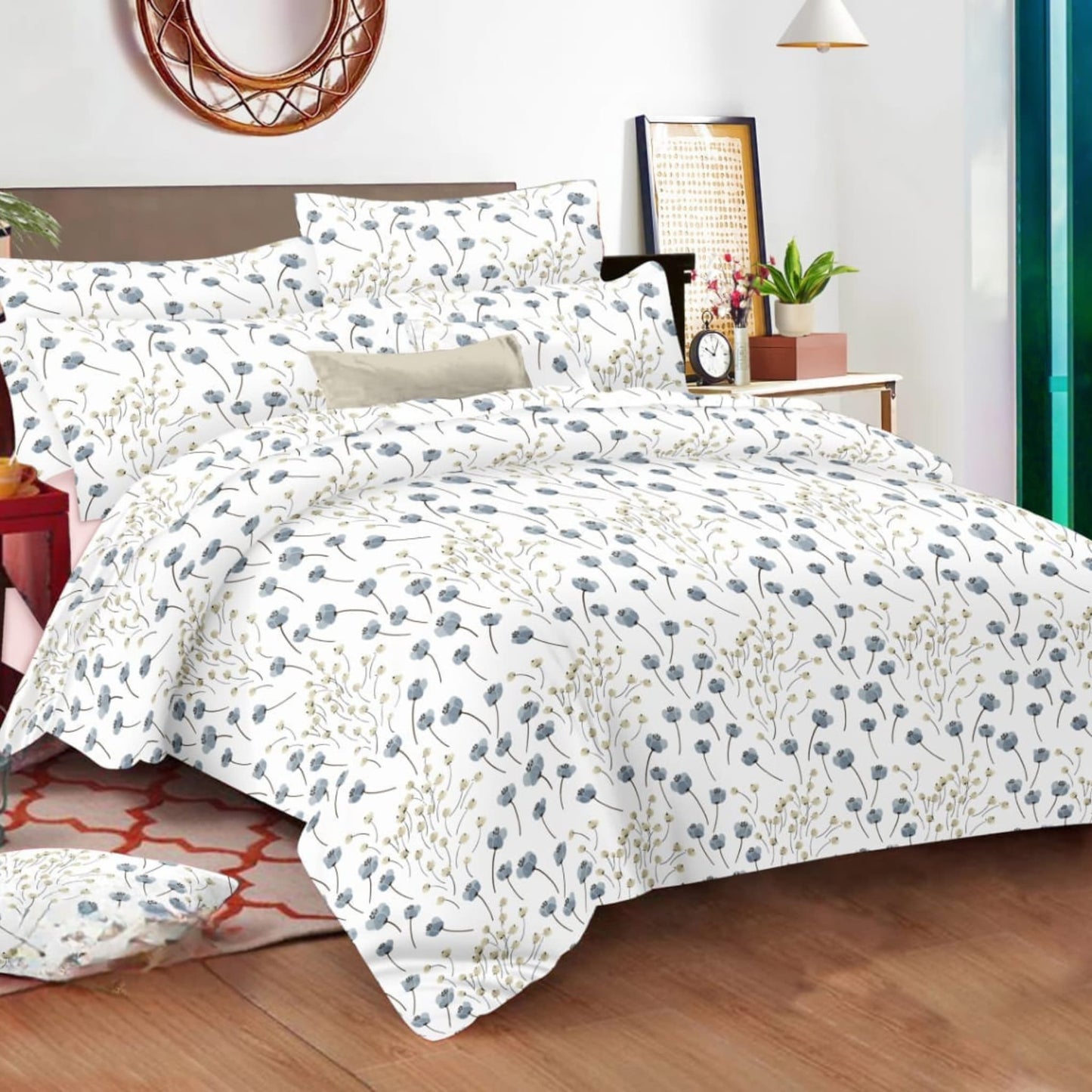 White Blue Floral  150TC Cotton Double Bedsheet With  Pillow Covers