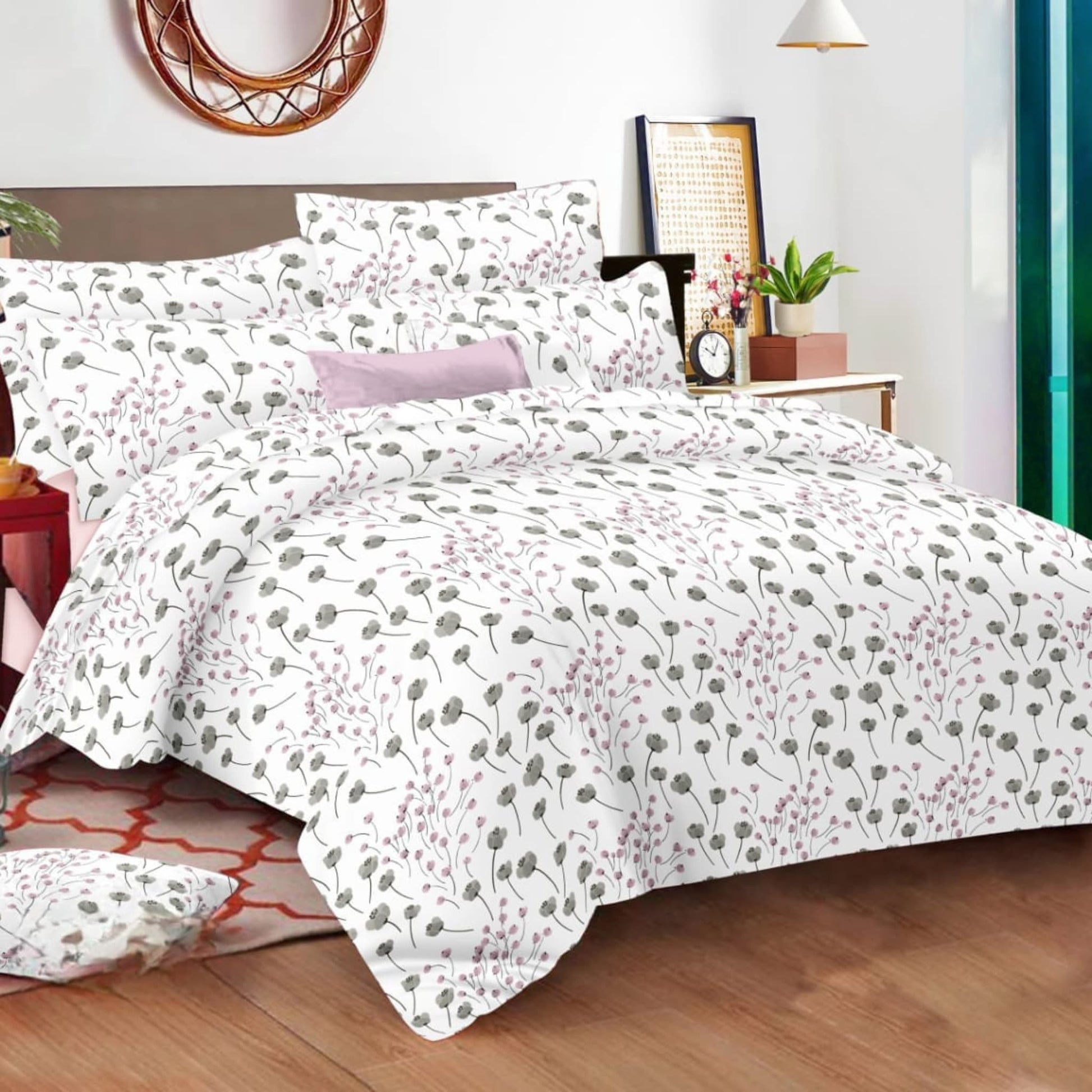 White Pink 150TC Cotton Double Bedsheet With  Pillow Covers