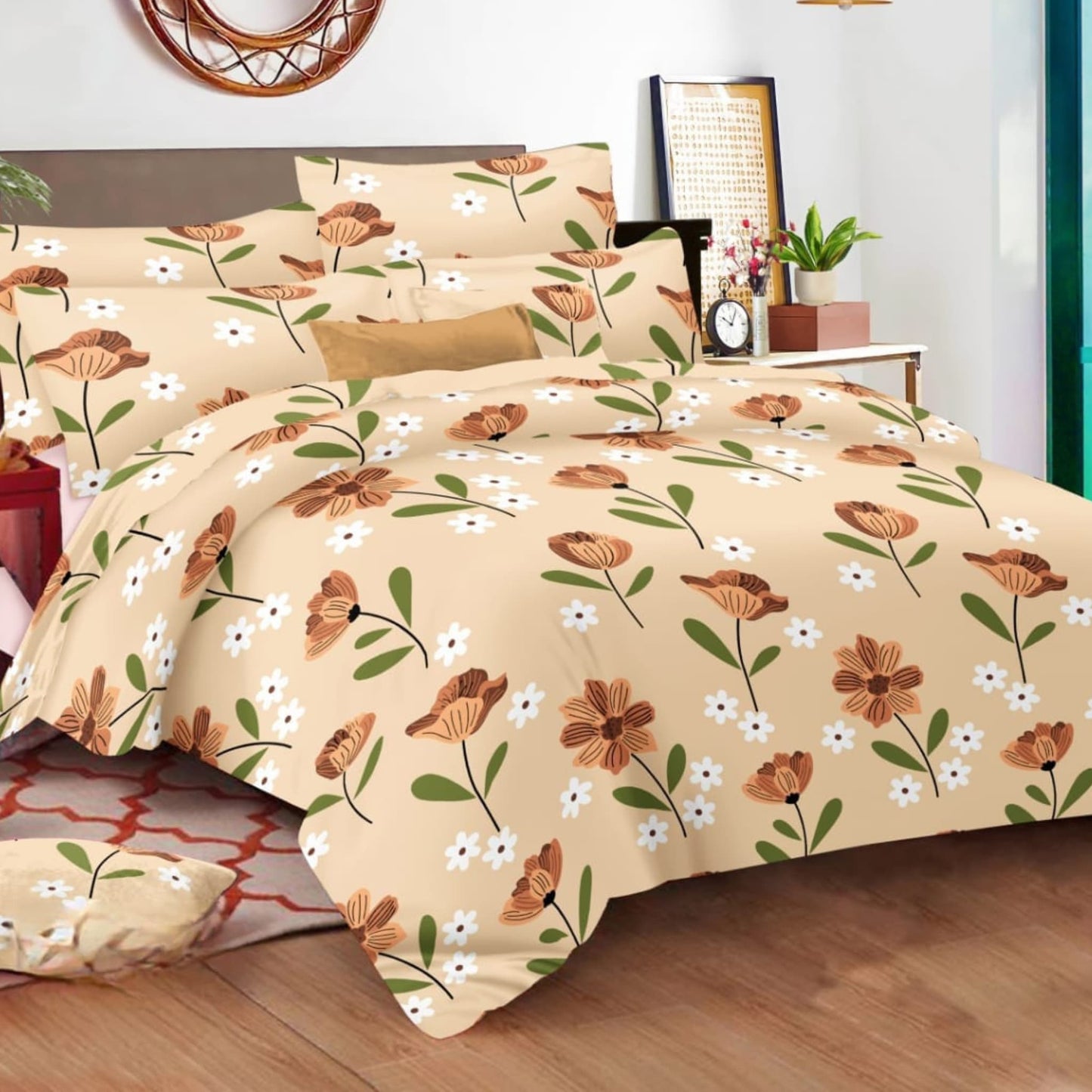 Yellow Floral 150TC Cotton Double Bedsheet With Pillow Covers